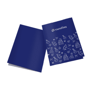 Document holder with the Eurofins Logo and scientific icons - blue