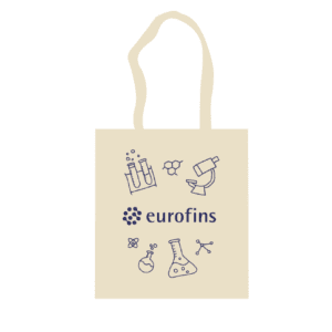Beige tote bag with the Eurofins logo and icons